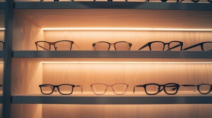 A striking, illuminated display of various eyeglasses on a wooden shelf, each pair neatly arranged in a visually appealing manner.