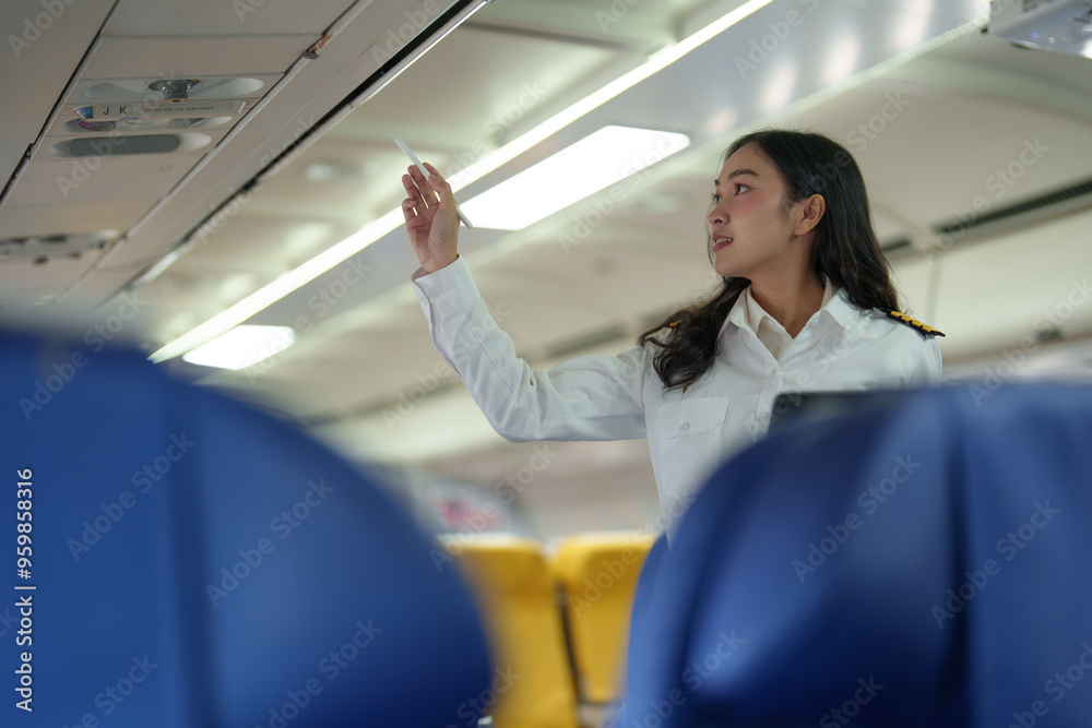 Female employees and flight attendants inspect the luggage racks of ...