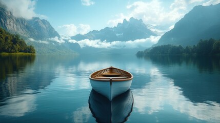 Canvas Print - Serene Mountain Lake with a Small Rowboat