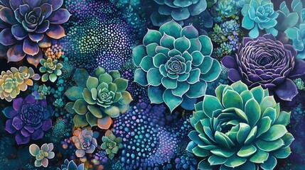 Poster - Vibrant botanical background featuring close-up of colorful succulents and floral patterns.