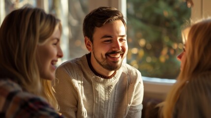 Sticker - Three friends enjoy a lively conversation, their faces lit with joy and laughter, set against a cozy, sunlit indoor backdrop.