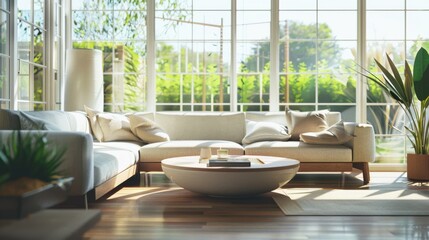 Wall Mural - A spacious, sunlit living room with contemporary white sofas, large windows, potted plants, and a circular coffee table, radiating a serene, welcoming atmosphere.