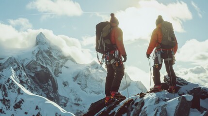 Two mountaineers in winter gear stand atop a snowy peak, admiring the stunning view of the surrounding mountains under a bright sun.