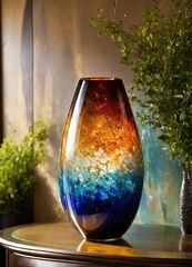 Wall Mural - Colorful Decorative glass vase with green and blue pattern on the table. Close up. ai generative