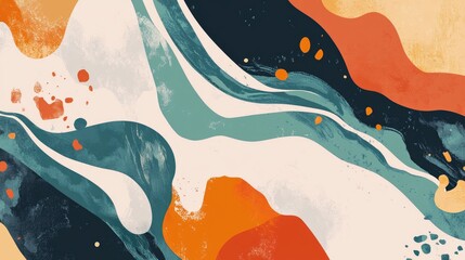 Abstract Painting with Teal, Orange, and Cream Swirls