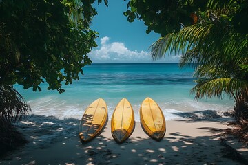 Three yellow surfboards resting on a sandy beach with turquoise water and palm trees in the background.