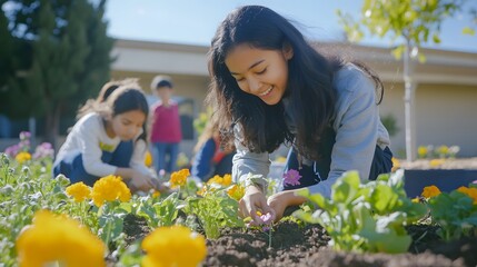 Teacher and students planting flowers in the school backyard garden