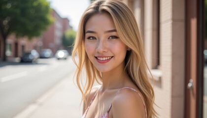 A young woman smiles confidently on a sunny day in the city, embodying beauty and joy in a vibrant urban setting.