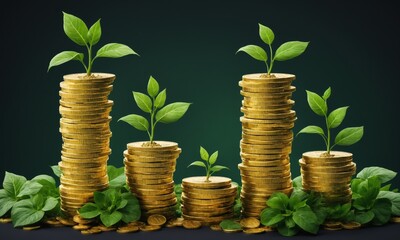 Gold coins stacked with green plants growing on top