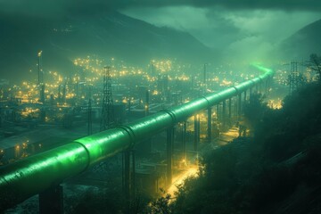 Canvas Print - A glowing green pipeline flows through a dark, industrial landscape, symbolizing the critical role of biofuels in powering the modern energy grid and promoting sustainability