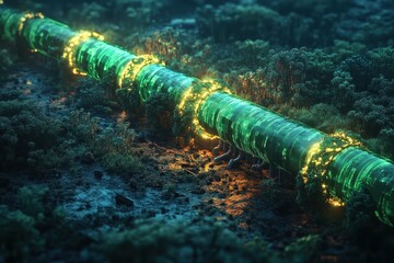 Wall Mural - A glowing green pipeline flows through a dark, industrial landscape, symbolizing the critical role of biofuels in powering the modern energy grid and promoting sustainability