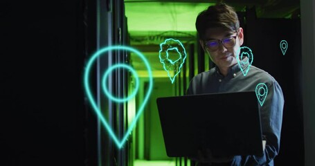 Poster - Working on laptop, man surrounded by location pin animations in server room