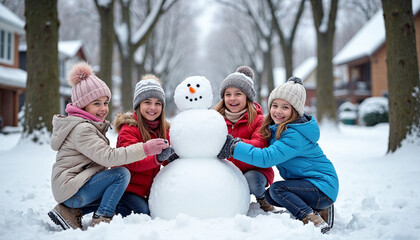 Children building a snowman on a snowy, tree-lined street, with cozy, snow-covered houses in the background, capturing fun and warmth in a wintry setting.







