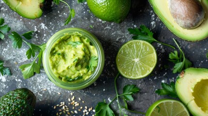 Sticker - Fresh guacamole surrounded by avocado, lime, and herbs, creating a colorful presentation full of natural, vibrant flavors.