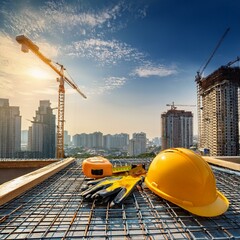 Wall Mural - Construction site in the city. A house, building, or skyscraper is being newly built. Construction tools and helmets are scattered around. Cranes can be seen in the background