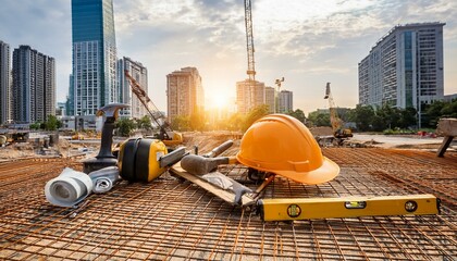 Wall Mural - Construction site in the city. A house, building, or skyscraper is being newly built. Construction tools and helmets are scattered around. Cranes can be seen in the background