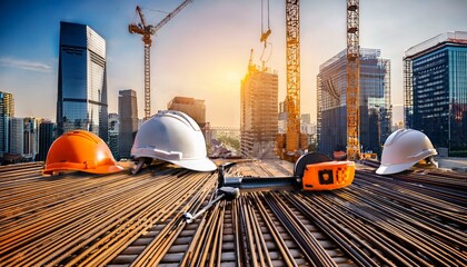 Wall Mural - Construction site in the city. A house, building, or skyscraper is being newly built. Construction tools and helmets are scattered around. Cranes can be seen in the background