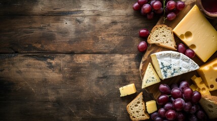 A rustic cheese platter featuring assorted cheeses, red grapes, and slices of bread on a wooden surface. This setup provides a cozy and inviting scene, perfect for food-related projects and