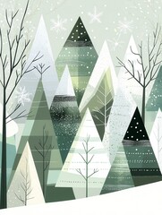 Poster - Abstract Christmas trees made of geometric shapes create a winter wonderland, with snow gently falling amidst a forest of intricate patterns. Generative AI