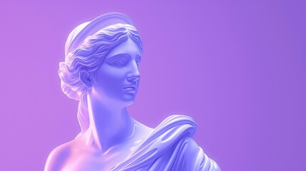 Aphrodite statue stands on rich purple background. Goddess depicted as beautiful woman with white marble face. Elegant features surrounded by colorful, intricate design. Statue exudes sense of