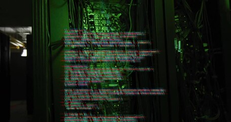 Wall Mural - Computer code animation over server racks in dark room