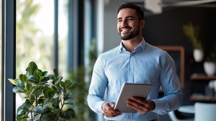 Wall Mural - Happy young Hispanic professional business man using tab standing in office. businessman manager male executive leader holding tablet at work looking away dreaming of future successful career.