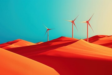 Windswept dunes showcase towering wind turbines that generate clean energy, blending nature and technology seamlessly under a brilliant blue sky, emphasizing sustainability in a stunning environment.