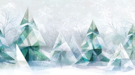 Poster - A tranquility-filled winter landscape features Christmas trees formed by abstract triangular shapes, creating a unique holiday ambience. Generative AI