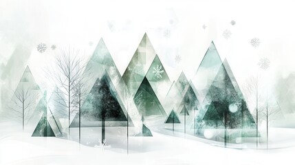 Poster - A serene winter setting features Christmas trees represented by geometric triangles of differing shapes and sizes against a snowy backdrop. Generative AI