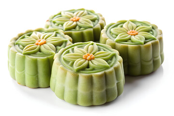 Wall Mural - Mooncake, Traditional Chinese mid autumn festival dessert snowy skin mooncakes. The flavor is matcha green tea with Pantan lotus isolated on white background, Clipping path