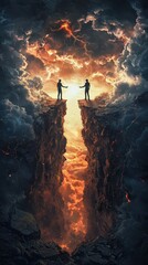 Two silhouetted figures shake hands across a large gap in the earth, set against a dramatic sunset sky, symbolizing connection and overcoming obstacles.