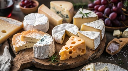 An enticing display of assorted gourmet cheeses on a rustic wooden board. The variety includes creamy Brie, sharp blue cheese, and Swiss cheese with large holes, accompanied by grapes and herbs