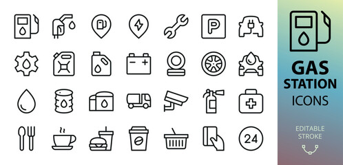 Poster - Gas station isolated icons set. Set of gas pump, fuel pistol, electric vehicle charging station, car parking, jerrycan, car service, gasoline truck, oil barrel vector icon with editable stroke