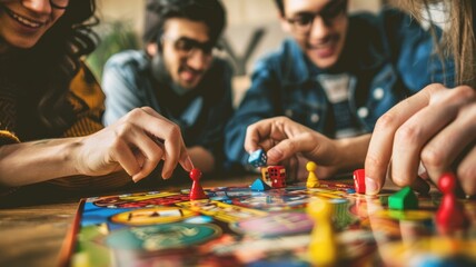 Wall Mural - The picture of people together playing board game competing with fresh idea. Players enjoy play toys as fun activity. Group of person find solution and strategy for competition games concept. AIG53.