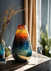 Wall Mural - Colorful Decorative glass vase with green and blue pattern on the table. Close up. ai generative