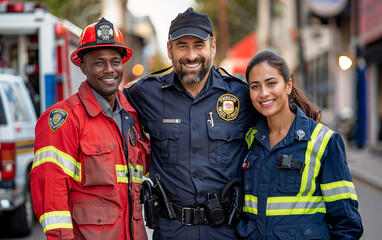 Firefighters and police officers pose together for a picture, concept of city heroes, helping occupations, doctor, firefighter