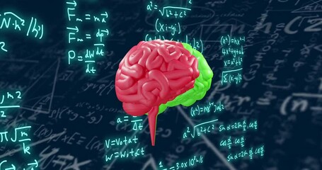 Poster - Brain model with mathematical equations animation over dark background