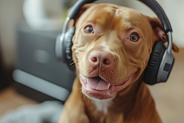 Wall Mural - Cheerful Dog in Wireless Headphones A close-up of a cheerful dog sporting wireless headphones