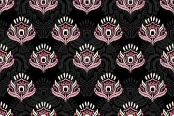 Wall Mural - Ikat floral vintage design embroidary seamless pattern on background vector illustration.Ikat ethnic oriental embroidery traditional.Indian Ikat pattern Aztec style retro. design for texture,fabric.