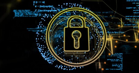 Poster - Lock and security animation over digital code and data visualization