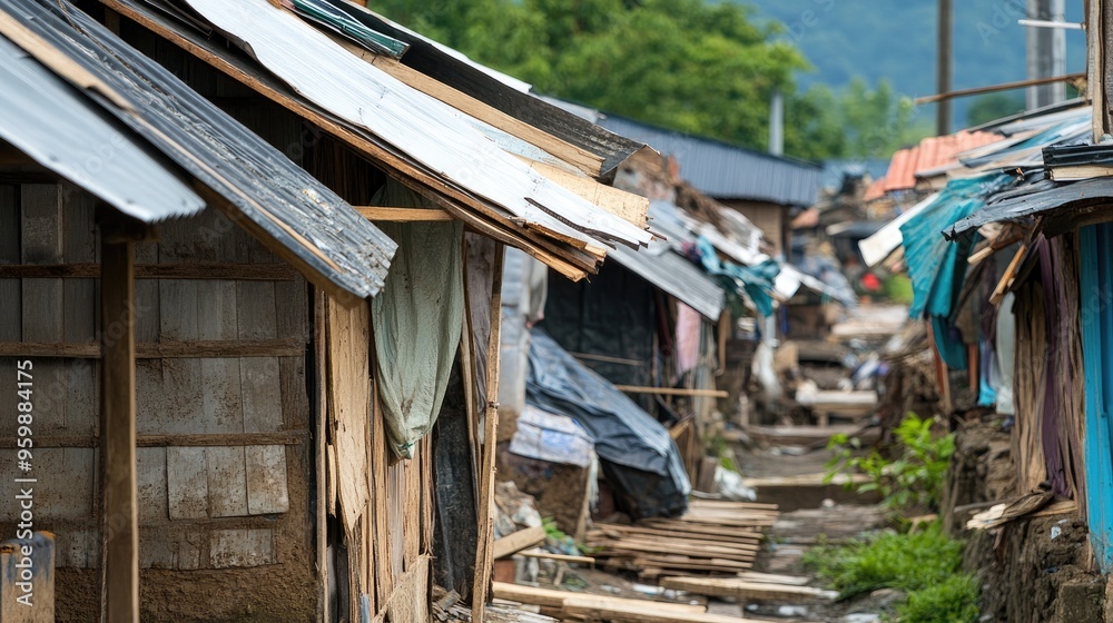 Neglected Materials Makeshift shelters built from scrap materials in a neglected community ...