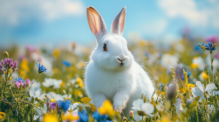 Wall Mural - A fluffy white bunny hopping through a field of blooming wildflowers, with a bright blue sky above