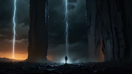 Wall Mural - A dramatic fantasy scene depicting a lone figure standing before an immense wall of falling light.