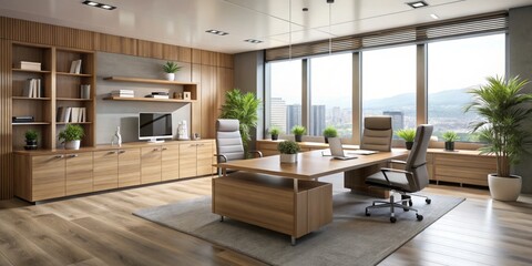 Modern office interior with sleek credenzas in a polished oak finish and ergonomic seating