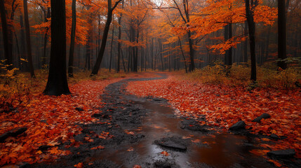 Tree lined curved road in rural Vermont on a foggy afternoon in Autumn with brilliant fall colors of red orange and yellow leaves showing on the trees and covering the path