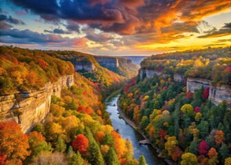 Canvas Print - A Breathtaking Panoramic View Of Little River Canyon At Sunset, Showcasing The Rugged Cliffs, Winding River, And Vibrant Fall Foliage.