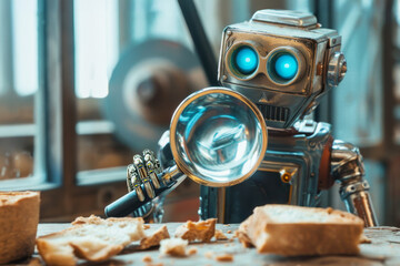 Breadcrumb navigation in Web Design and SEO concept. A robot looks at crumbs through a magnifying glass