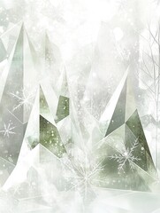 Poster - Abstract geometric trees made of triangles stand in a winter forest, blending with the snow and creating a serene atmosphere. Generative AI