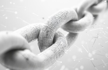 high-tech futuristic image of nano chain, scientific backdrop on white background, symbolizes blockc