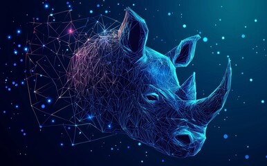 Poster - A rhino made of lines and triangles, connected by points on a blue background. Illustration modern.
